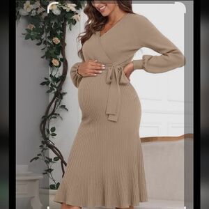 Elegant Tan Midi Maternity Dress